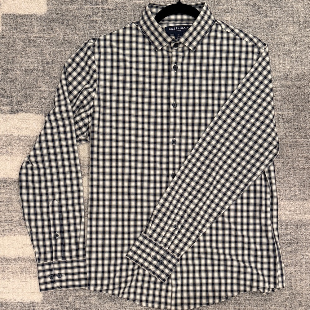 Mizzen Main Shirt Mens Medium Blue Plaid Leeward Trim Fit Stretch Business Work